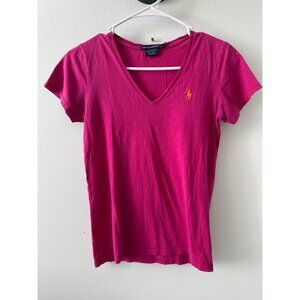 Ralph Lauren Sport Womens Pink V-Neck T-Shirt With Yellow Pony Logo 100% Cotton